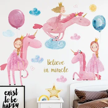 Smukke Prinsesse Unicorn Wall Stickers til Børn værelser med Pigerne Værelse Dekoration Børn værelses Baggrund Væg Udsmykning Kunst vægoverføringsbilleder