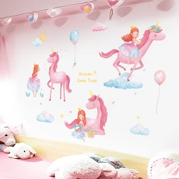 Smukke Prinsesse Unicorn Wall Stickers til Børn værelser med Pigerne Værelse Dekoration Børn værelses Baggrund Væg Udsmykning Kunst vægoverføringsbilleder