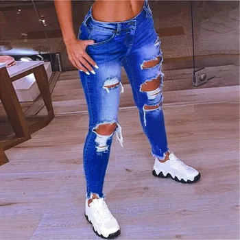 Snøre Denim Jeans Til Kvinder Revet Hul Strække Jean Damer Plus Size Fuld Længde Blyant Bukser Med Høj Talje Bukser-Bukser