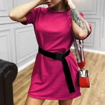 Solid Kvinders Mini Kjole Med Bælte Korte Ærmer Streetwear Løs Fritid Kjoler Damer Sommeren 2020 Nye tilfældig Kvinde Tøj