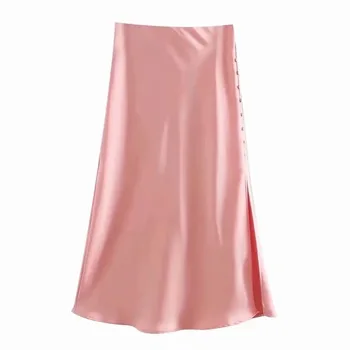 Solid Satin Midi-Knappen Split Nederdel Kvinder Sommer Pink Elegant Vintage Y2k Lynlås Higt Talje Enkle Casual En Linje Lange Nederdele
