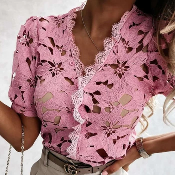 Sommer Blomst Broderet Bluse Shirts Kvinder Sexy-V-Hals Hule Ud Blusa Kontor Dame Mode Afslappet Solid Knappen Toppe