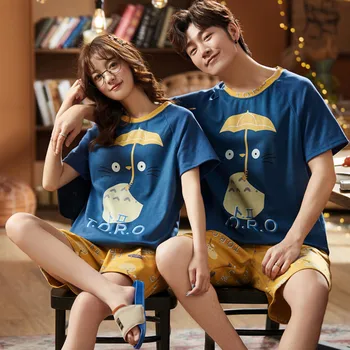 Sommer Bomuld Mænd Japansk Anime Print T-shirts Med Korte Ærmer Nattøj Kvinders Søde Mode Homewear Par Pyjamas Sæt