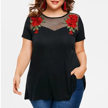 Sommer Broderi Bluse Fashion Kvinder kortærmet Fiskenet Panel Plus Size Tunika Shirt med O-hals Floral Applique Sort Pullover #S