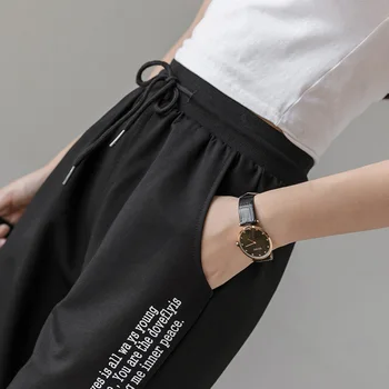 Sommer Fashion nyt bogstav print kalv-længde bukser til kvinder casual løs Sweatpants Snøre Elastik i taljen kvindelige bukser