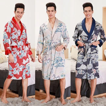 Sommer, Forår Is Silke Morgenkåbe Plus Size Kimono Herre Kimonoer Dragon Udskrive Lange Ærmer Homewears Badekåbe Kjole Til Kvinder