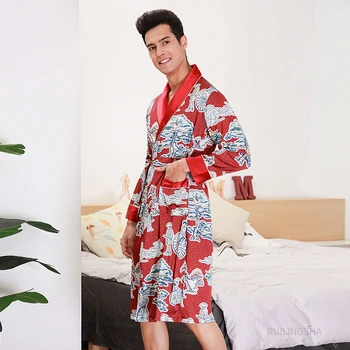 Sommer, Forår Is Silke Morgenkåbe Plus Size Kimono Herre Kimonoer Dragon Udskrive Lange Ærmer Homewears Badekåbe Kjole Til Kvinder