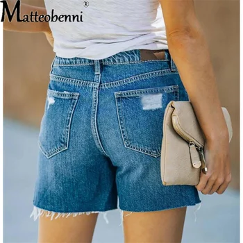 Sommer Nyt Hul Jeans Kvinder ' s Midi-Talje-Knappen Bære Kvast Denim Shorts Damer High Street Fashion Fast Casual Lige Shorts