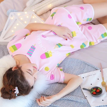 Sommer Pyjamas Sæt til Kvinder Korte Ærmer Apple print Kawaii koreansk Stil pyjamas Harajuku Blødt Nattøj Løs Pijama Piger Sæt