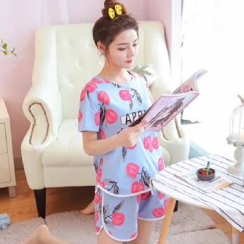 Sommer Pyjamas Sæt til Kvinder Korte Ærmer Apple print Kawaii koreansk Stil pyjamas Harajuku Blødt Nattøj Løs Pijama Piger Sæt