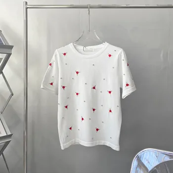 Sommeren Kvindelige Ny Luksus Mærke Designs O-Hals Strik T-Shirt Damer Mode Diamods Brev Broderi Kort Ærme T-Shirts