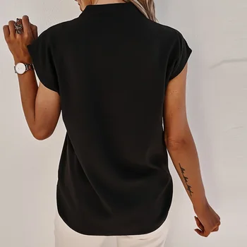 Sommeren Kvinder Shirt Sexy V Hals Slim Solid Farve Casual Kvindelige Bluse Med Kort Ærme Elegant Kontor Damer Shirt 2021 Mode