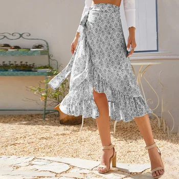 Sommeren Kvinders Flæser Mid-længde Nederdel Fashion Blomster Bandage Uregelmæssige Split Syning A-line Nederdel