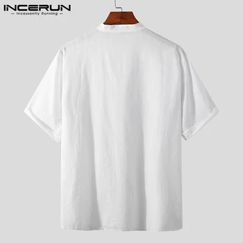 Sommeren Mænd Shirt Stå Krave Bomuld kortærmet Solid Farve Casual Mænds Tøj Streetwear 2021 Vintage Fritid Camisa INCERUN