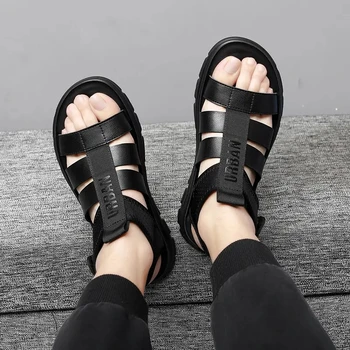 Sommeren Mænds Sandaler Læder Romerske Sandaler koreanske Version Britiske Læder Sandaler Fashion Sandaler Sort Størrelse 38-44
