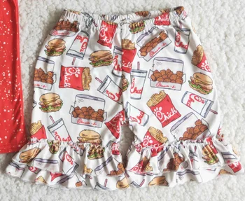 Sommeren Nye børn pige blegning røde kort-langærmet passer til burger, pommes frites flæsekanter shorts