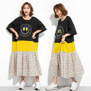 Sommeren Oversize Kjoler til Kvinder Tøj Blomster Print Patchork Mode Swing Lang T-Shirt Kjole vestidos