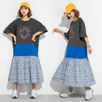 Sommeren Oversize Kjoler til Kvinder Tøj Blomster Print Patchork Mode Swing Lang T-Shirt Kjole vestidos