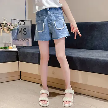 Sommeren Teen Piger, Nye Mode Perle Med Lommer Shorts Koreansk Stil Bomuld Kids Tøj, Skole, Afslappet Høj Talje Denim Shorts