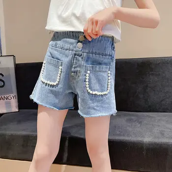 Sommeren Teen Piger, Nye Mode Perle Med Lommer Shorts Koreansk Stil Bomuld Kids Tøj, Skole, Afslappet Høj Talje Denim Shorts