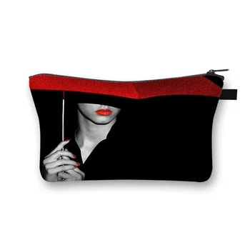 Sort Cosmetic Bag Elegante Kvinde, Røde Læber Udskrive Fashion Makeup Sag Rejser Bærbare Opbevaringspose Kosmetisk Sag