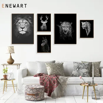 Sort Hvide Lærred Maleri Dyr Væg Kunst, Løve, Elefant Hjorte Zebra Plakater og Prints Væg Billeder for at Stue Indretning