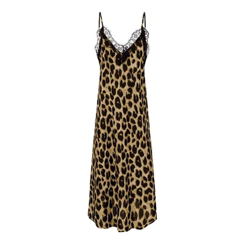 Stor størrelse sommeren leopard print mid-længde kjole til kvinder er sexet ærmeløs bælte blonder høj slids strand kjole elegant og sexet-V-hals
