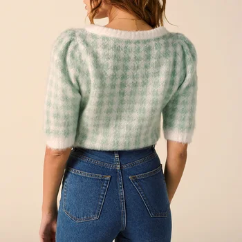 Strikket Sweater Kvinder 2020 Efteråret Enkelt Breasted Beskåret Cardigan Med V Neck Half Sleeve Contrast Trim Plaid Strik Cardigans