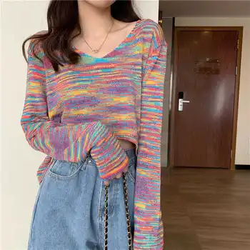 Sweater Kvinder Foråret Efteråret Rainbow Tie Dye Strikket SweaterV Hals Uregelmæssige Kort Slank Pullover Top Trøjer for Kvinder Mode