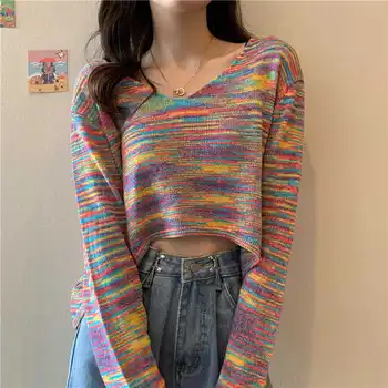 Sweater Kvinder Foråret Efteråret Rainbow Tie Dye Strikket SweaterV Hals Uregelmæssige Kort Slank Pullover Top Trøjer for Kvinder Mode
