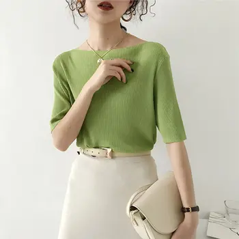 Sweater Kvinder Tøj 2021 koreansk Mode Sommer T-shirt Bunden Solid Farve Elastisk Vilde Casual Strik Krave Vintage Top