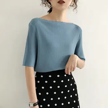Sweater Kvinder Tøj 2021 koreansk Mode Sommer T-shirt Bunden Solid Farve Elastisk Vilde Casual Strik Krave Vintage Top