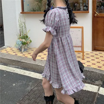 Sweet Lolita Japansk Lilla Ternet Kjole Kvinder Vintage Søde Flæser Puff Ærmer Pige Mini Kjole Kawaii Y2K Bløde Girly Kjole 2021