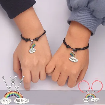 Sæt 4stk bedste venner justerbar rainbow armbånd, halskæder, regnbue multi-farve enkel og fashionable par gaver