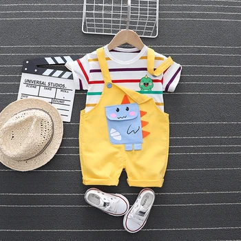 Søde Små Drenge Sommer Sæt 2021 Nye Tegnefilm Dinosaur Stribe Korte Ærmer T-Shirt+Shorts Kid Baby Piger, Tøj, børnetøj