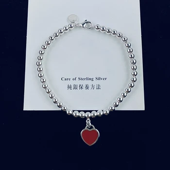 Sølv 4mm perle vedhæng armbånd,classic og elegante mode lady Emalje Kærlighed Hjerte Vedhæng Valentine ' s Day Gave