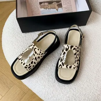 TAOFFEN 2021 Nye Kvinder Sandaler af Ægte Læder Spænde Remmen Leopard Stilfulde Tyk Bund Fashion Damer Fodtøj Størrelse 34-39