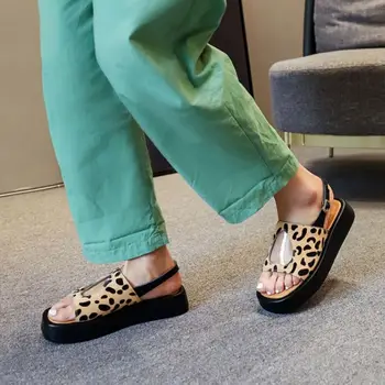 TAOFFEN 2021 Nye Kvinder Sandaler af Ægte Læder Spænde Remmen Leopard Stilfulde Tyk Bund Fashion Damer Fodtøj Størrelse 34-39