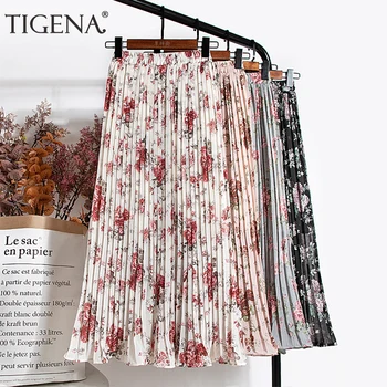 TIGENA Blomster Print Lang Plisseret Nederdel Kvinder Mode 2020 Sommeren koreanske Boho Strand Ferie En Linje, Høj Talje Maxi Nederdel Kvindelige