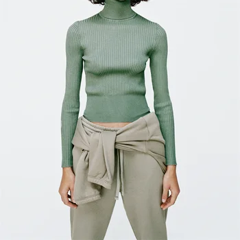 TRAF Kvinder 2021 Mode Løs Beskåret Krave, Rib Strikkede Sweater Vintage Stand-up langærmet Kvindelige Pullovere Streetwear