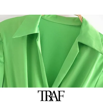 TRAF Kvinder Chic Mode Med Puder Plisserede Hyggelig Mini-Shirt Kjole Vintage Lange Ærmer Knapper Kvindelige Kjoler Mujer