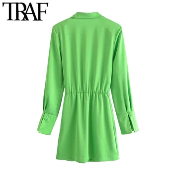 TRAF Kvinder Chic Mode Med Puder Plisserede Hyggelig Mini-Shirt Kjole Vintage Lange Ærmer Knapper Kvindelige Kjoler Mujer