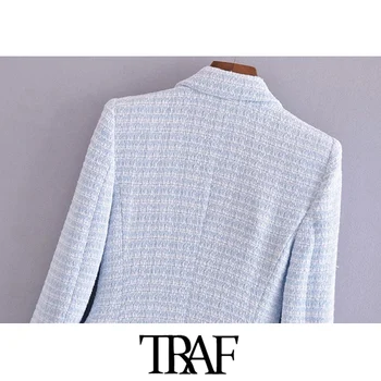 TRAF Kvinder Mode Dobbelt Breasted Tweed Ind Blazer Vintage Pels Lange Ærmer, Lommer Kvindelige Overtøj Smarte Veste