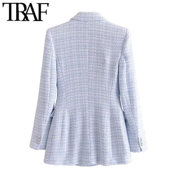 TRAF Kvinder Mode Dobbelt Breasted Tweed Ind Blazer Vintage Pels Lange Ærmer, Lommer Kvindelige Overtøj Smarte Veste