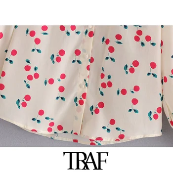 TRAF Kvinder Mode Kirsebær Print Løse Bluser Vintage-Lange Ærmer-Knap-op Kvindelige Skjorter Blusas Smarte Toppe