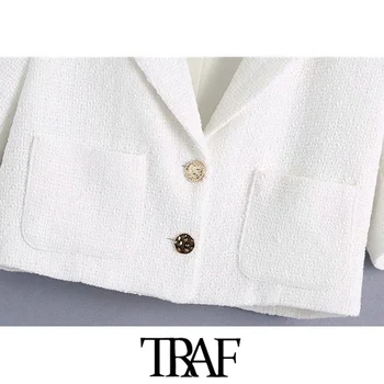 TRAF Kvinder Mode Metal-Knappen Tweed Beskåret Hvid Blazer Vintage Pels Korte Ærmer, Lommer Kvindelige Overtøj Smarte Toppe