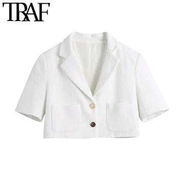 TRAF Kvinder Mode Metal-Knappen Tweed Beskåret Hvid Blazer Vintage Pels Korte Ærmer, Lommer Kvindelige Overtøj Smarte Toppe
