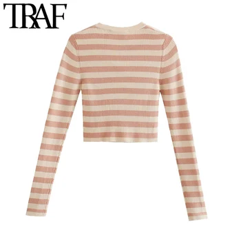 TRAF Kvinder Mode Stribet Beskåret Strikket Cardigan Sweater Vintage O-Hals Lange Ærmer Kvindelige Overtøj Smarte Toppe
