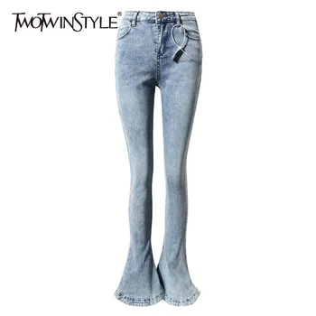 TWOTWINSTYLE Straight Jeans Til Kvinder af Høj Talje Minimalistisk Casual Denim Flare Pants Kvindelige Mode Nyt Tøj springflod