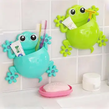 Tandbørsteholder børn frog søde tegneserie husstand badeværelse tandbørsteholder vægmonteret sugekop tandpasta opbevaring